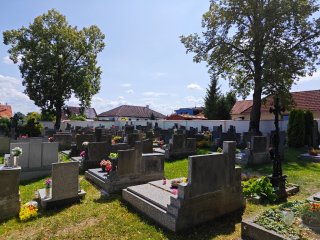 Foto: pohled na opravenou zeď ze hřbitova